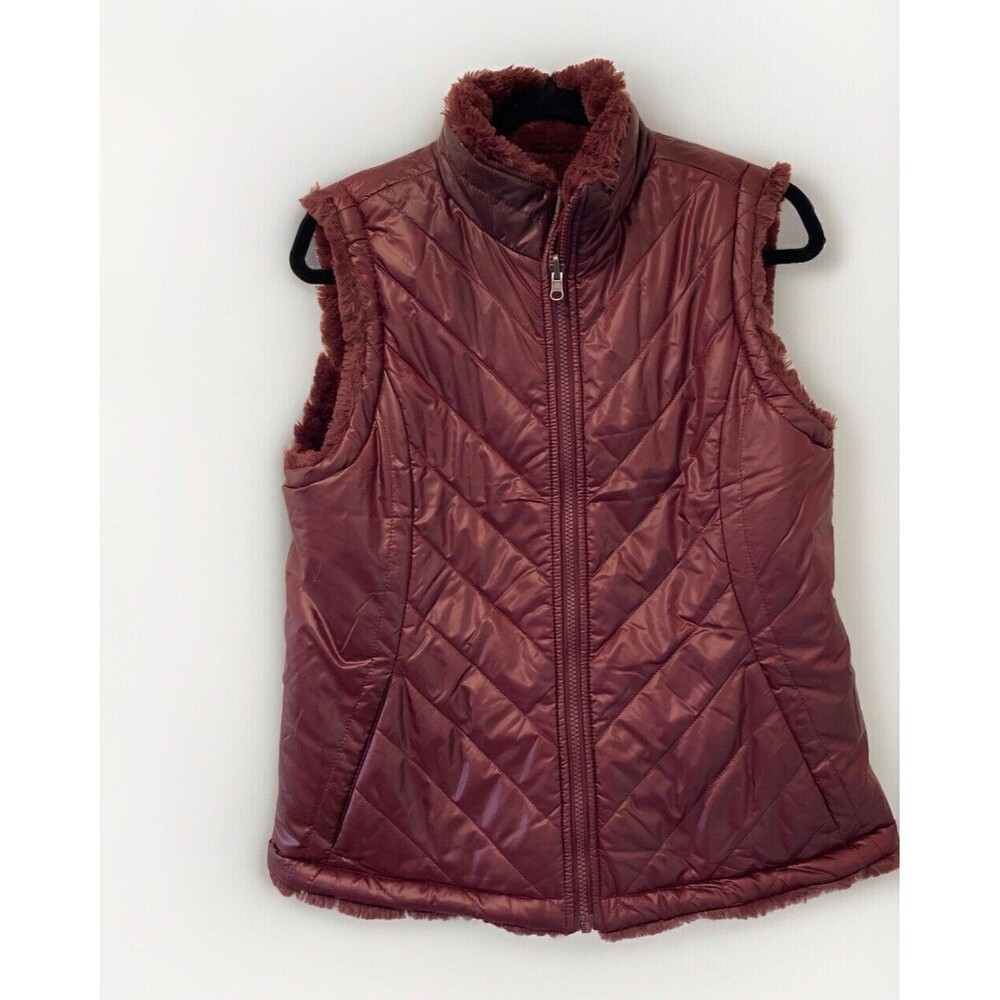 NICOLE MILLER Women's Burgundy Reversible Vest‎ Size Medium Quilted Faux Fur